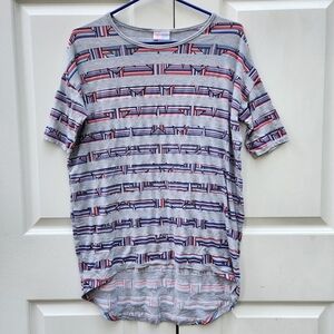 LuLaRoe XXS Irma Tunic Top Gray Red White Blue Patriotic Stripe Print